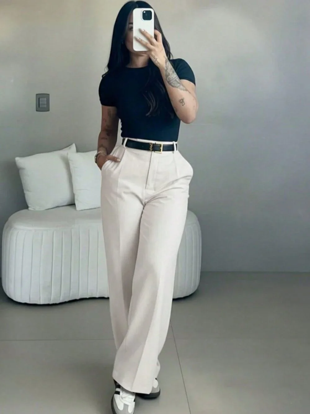 White Elegant Women's High Waist Slim Fit Wide Leg Pants